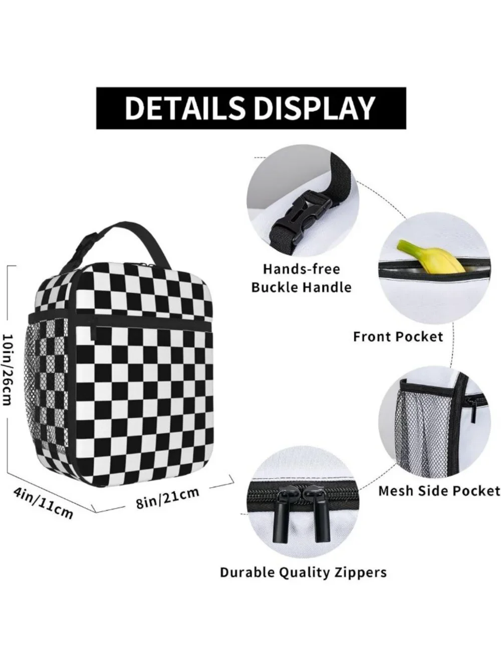 Checkered Insulated Lunch Bag | Reusable Cooler Tote | Leakproof Thermal